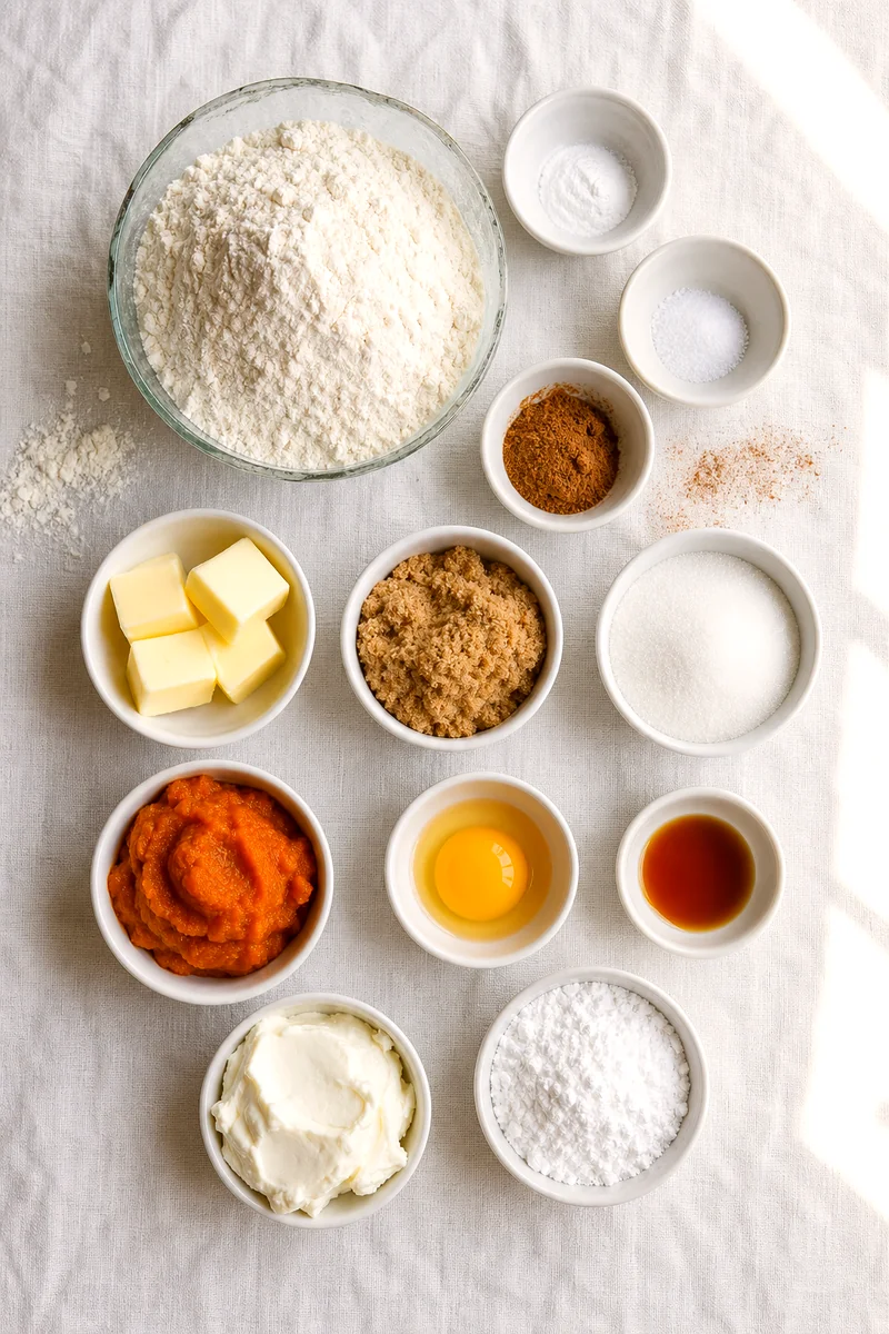Measured baking ingredients for pumpkin cheesecake cookies on white linen
