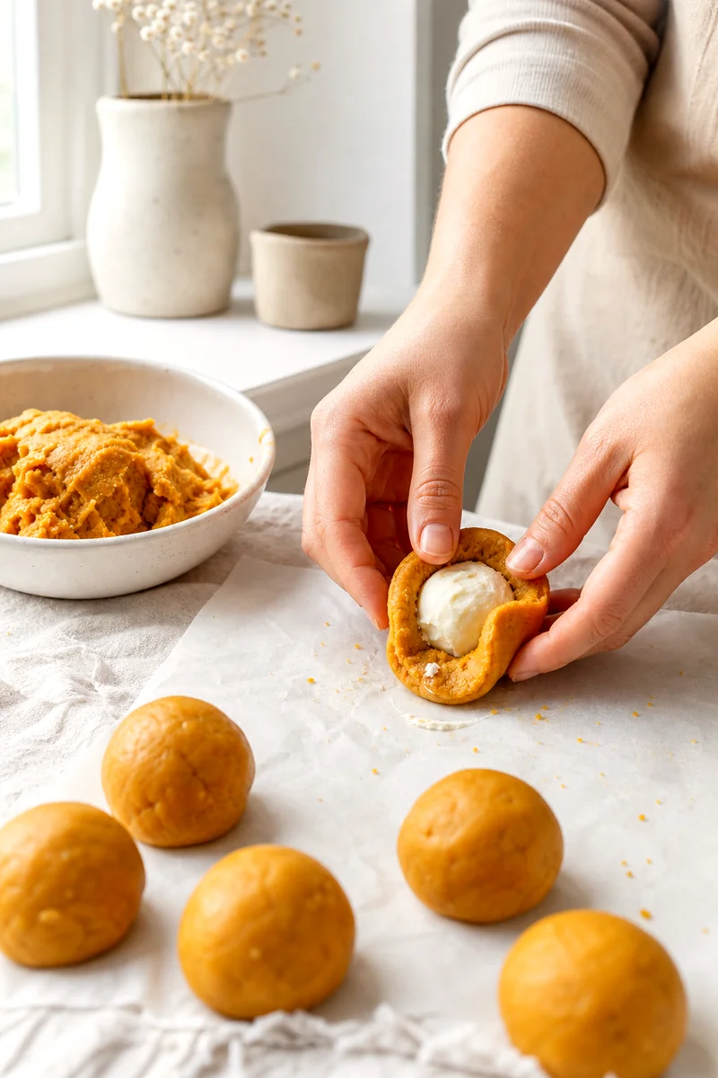 Hands sealing pumpkin cookie dough around frozen cream cheese filling