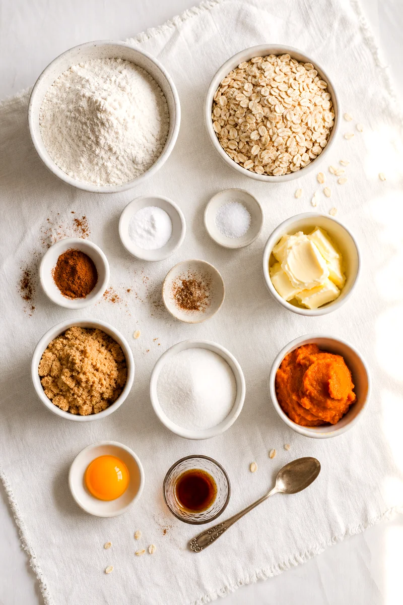 Measured pumpkin oatmeal cookie ingredients in small bowls on white linen