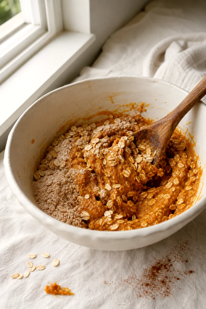 Wooden spoon folding oats into pumpkin cookie dough in a white ceramic bowl