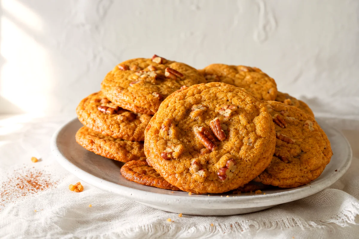 Soft pumpkin pecan cookies with golden edges stacked on a white ceramic plate