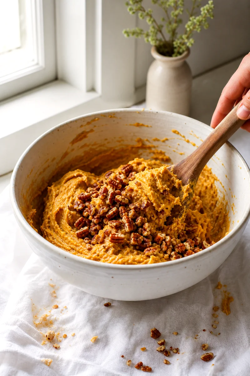 Wooden spoon folding toasted pecans into pale orange pumpkin cookie dough in a white bowl