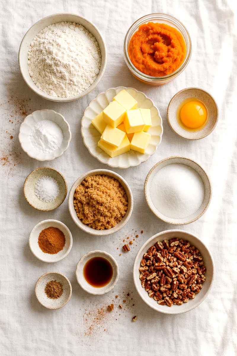 Cookie ingredients including pumpkin puree, spices, sugars, butter, flour, egg yolk, vanilla, and pecans