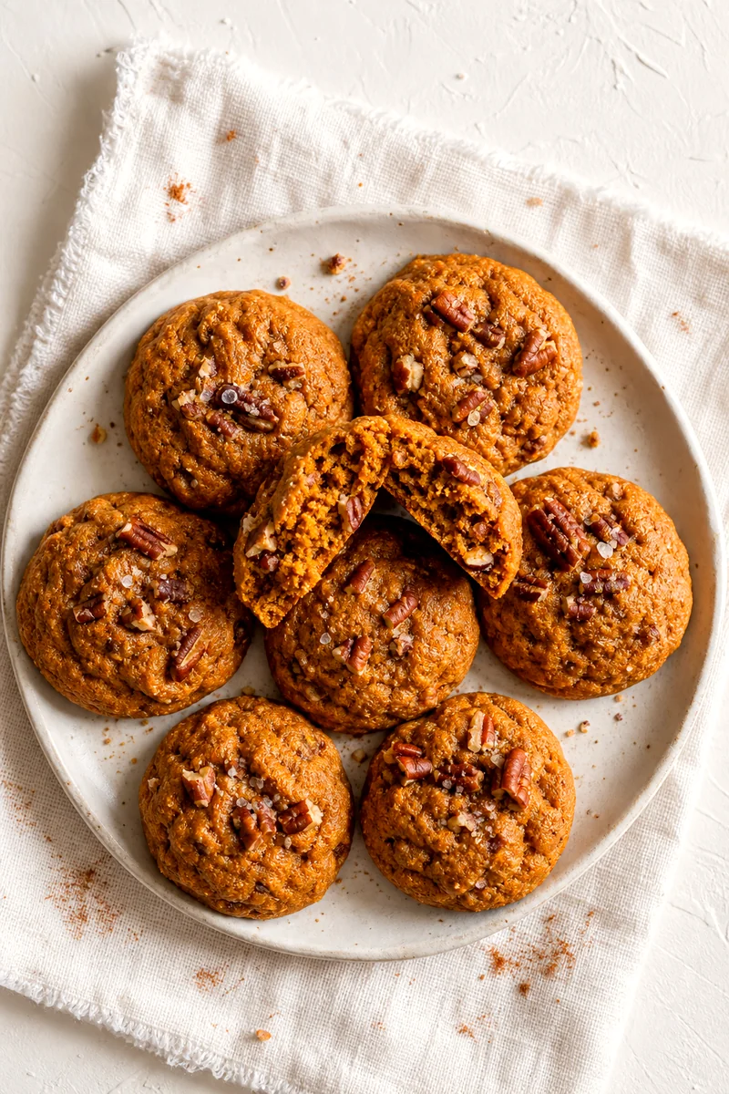 Pumpkin pecan cookies on a white plate with one broken open to show the soft center
