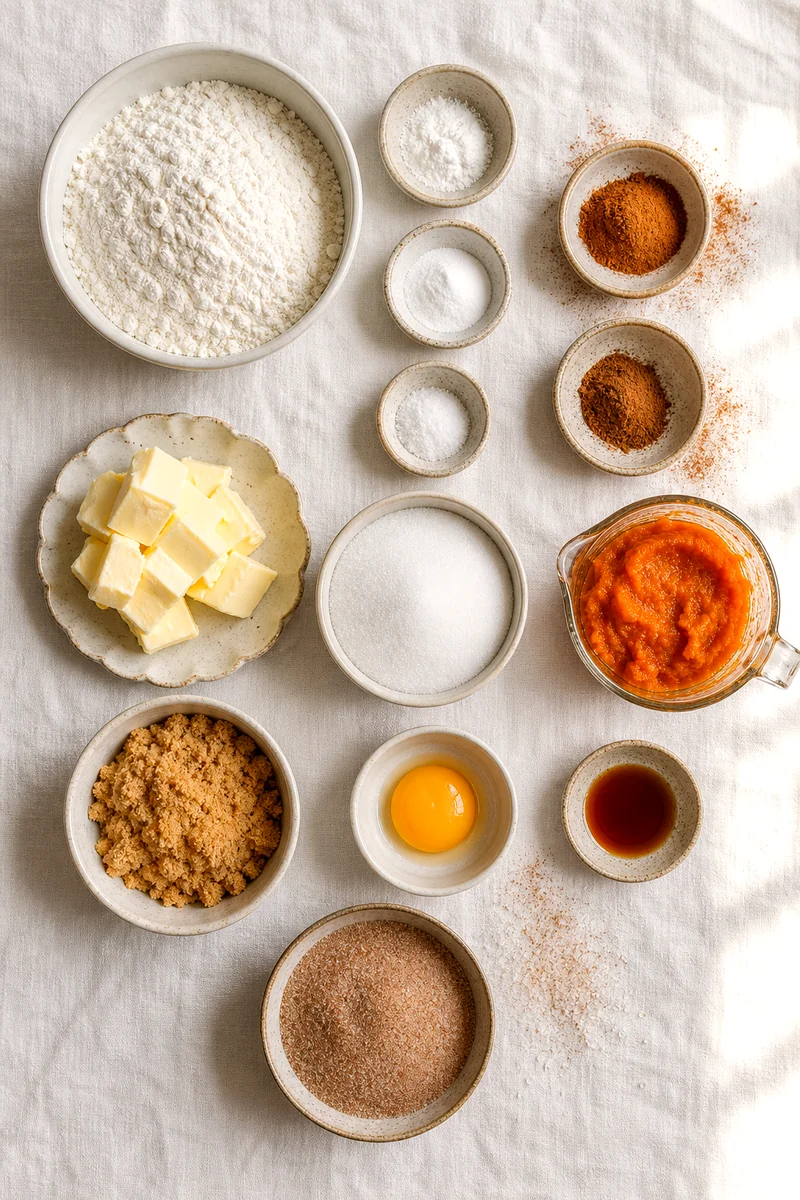 Measured flour, spices, butter, sugars, pumpkin puree, egg yolk, vanilla, and cinnamon sugar on white linen