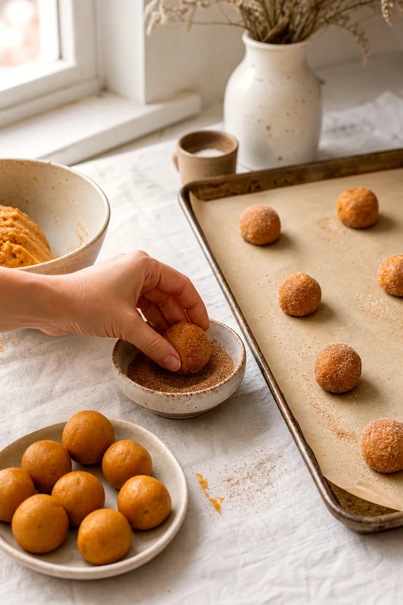 Pumpkin cookie dough balls being coated in cinnamon sugar beside a parchment lined baking sheet