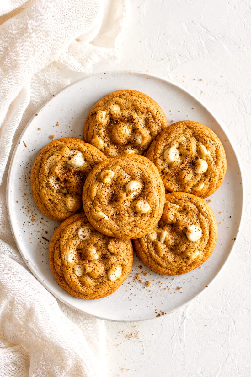Pumpkin spice latte cookies arranged on a white plate with crumbs and spice dusting on linen