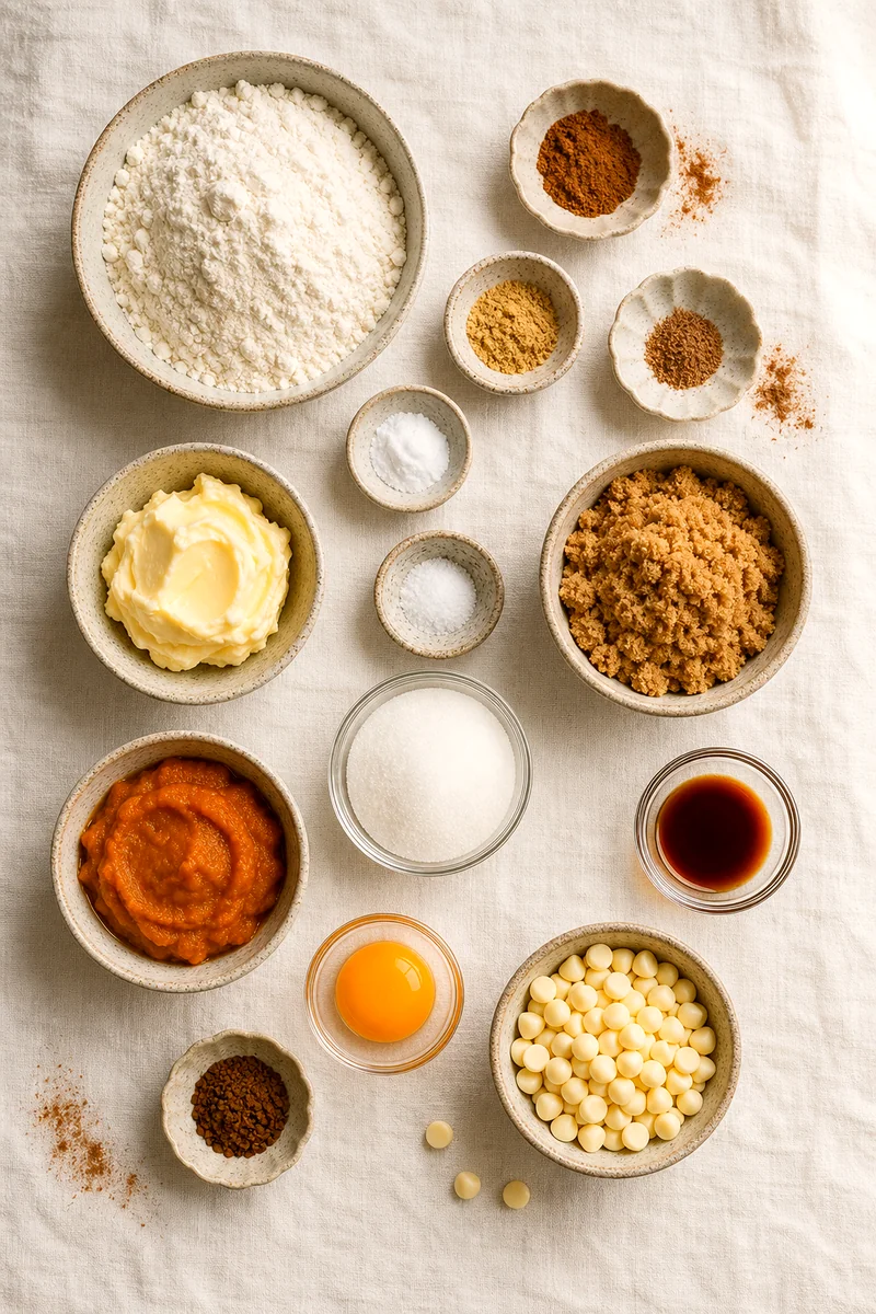 Measured cookie ingredients including pumpkin puree, espresso powder, spices, butter, sugars, flour, and white chocolate chips