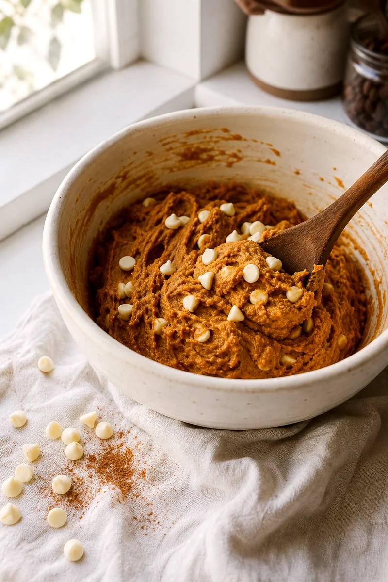 Wooden spoon folding white chocolate chips into pumpkin spice cookie dough in a white ceramic bowl