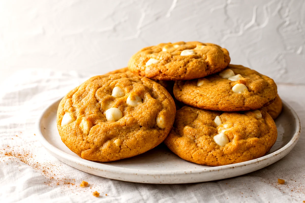 Soft pumpkin cookies with white chocolate chips stacked on a white ceramic plate