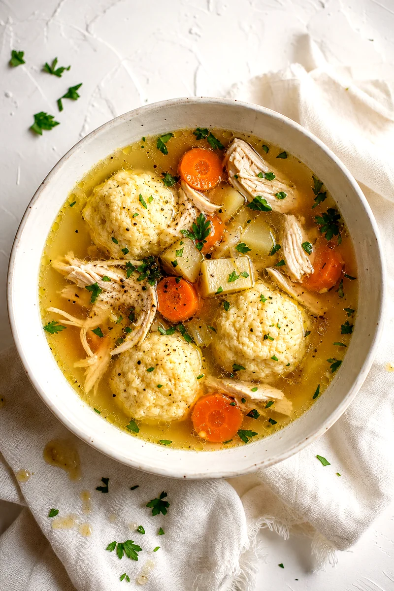 Bowl of Romanian chicken soup with fluffy semolina dumplings, chicken, vegetables, and parsley