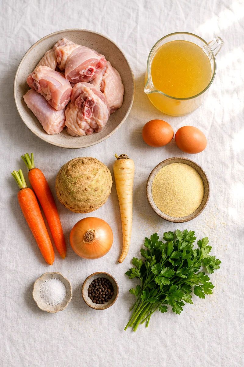 Chicken, root vegetables, eggs, semolina, broth, parsley, salt, and pepper arranged on white linen