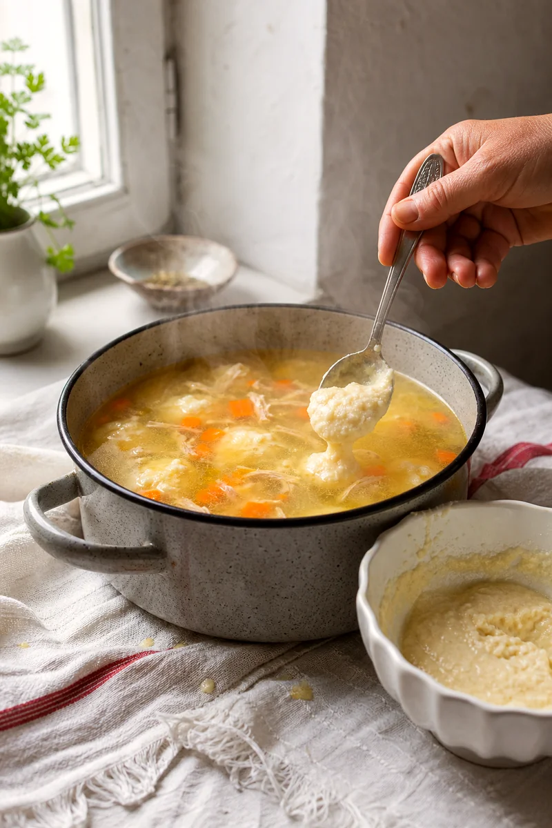 Spoonful of semolina batter being dropped into gently simmering chicken broth