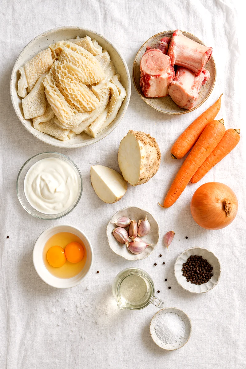 Beef tripe, beef bones, vegetables, garlic, sour cream, egg yolks, vinegar, salt, and pepper arranged on white linen