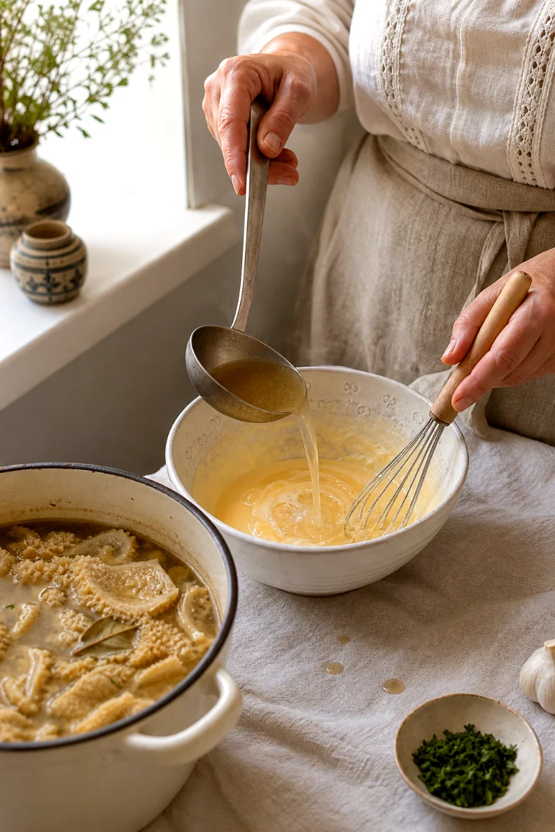 Hot broth being whisked into sour cream and egg yolks beside a pot of tripe soup