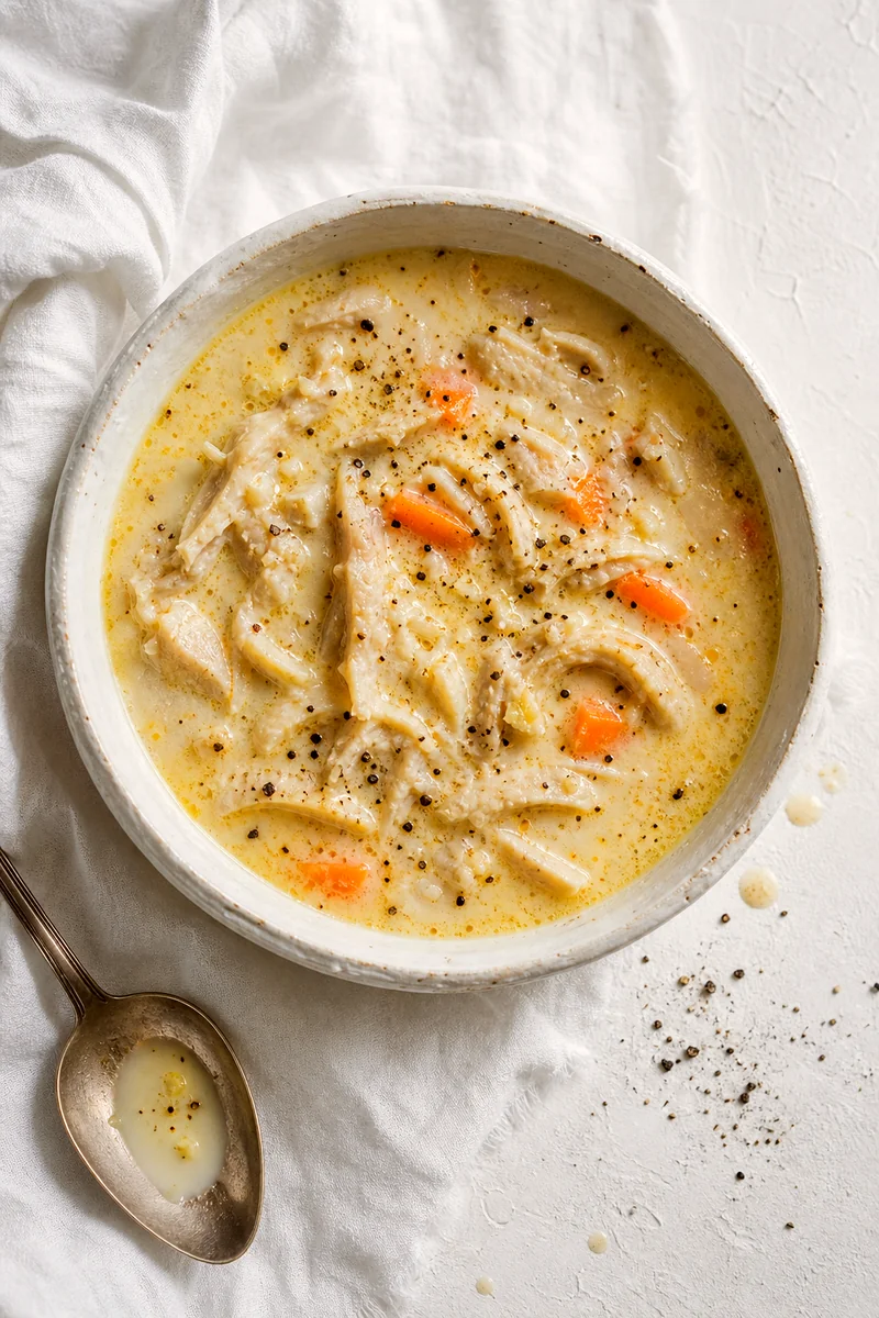 Top down view of creamy tripe soup with sliced tripe, carrots, garlic flecks, and black pepper in a white bowl