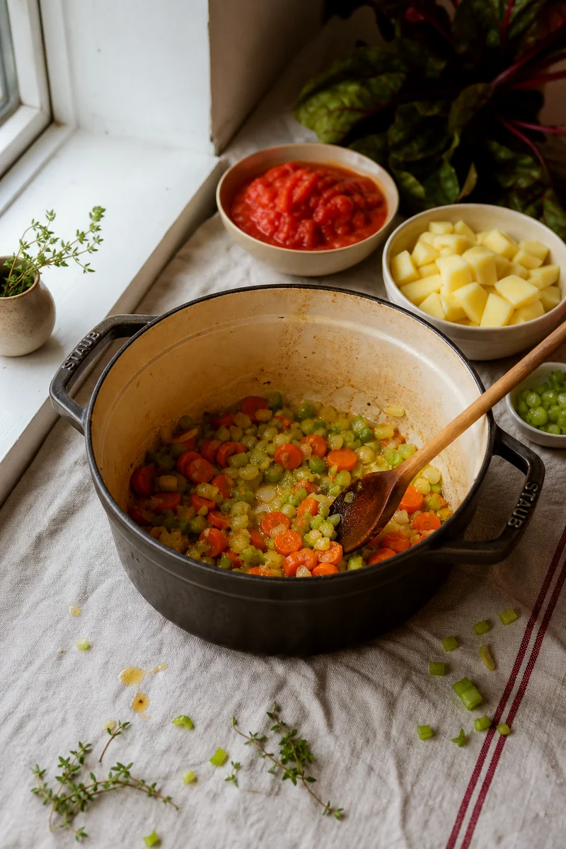Onion, carrots, and celery sautéing in a rustic pot with potatoes and tomatoes nearby
