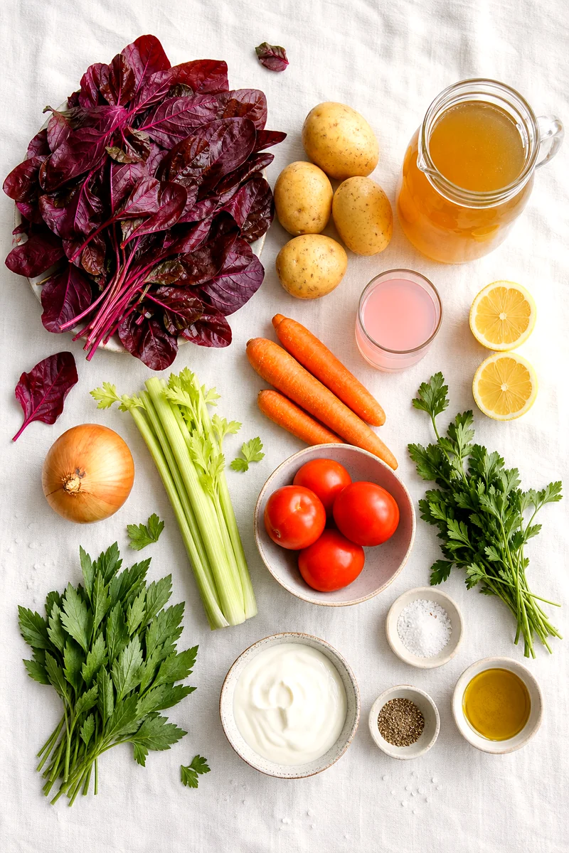 Fresh red orach, vegetables, herbs, broth, bors, lemon, and sour cream arranged on white linen
