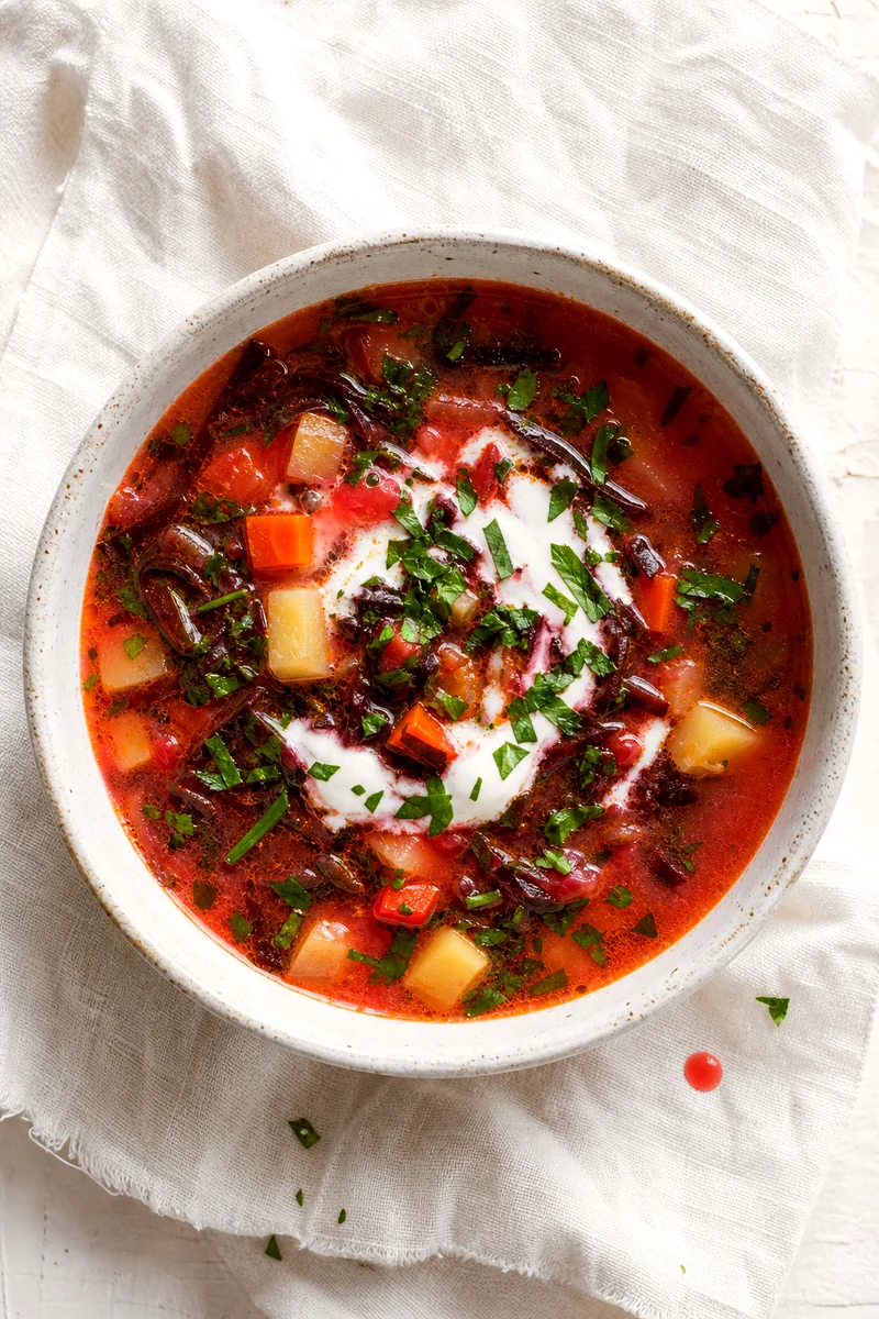 Top down view of Romanian red orach soup with vegetables, herbs, and sour cream on white linen