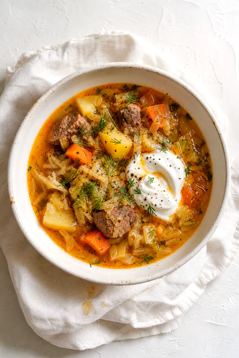 Overhead view of cabbage and beef soup topped with dill and sour cream
