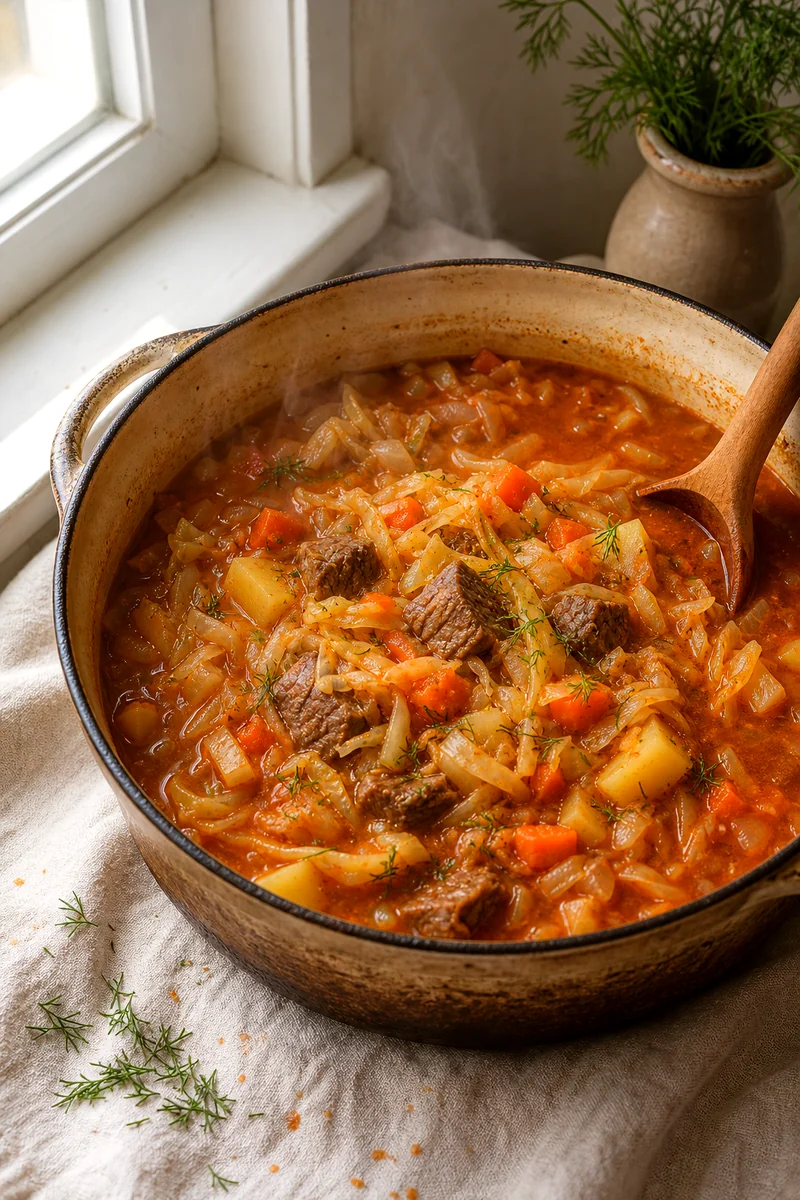 Pot of cabbage and beef soup simmering with potatoes, carrots, and tomato broth