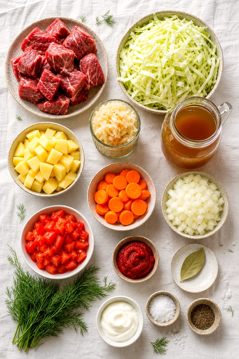 Beef, cabbage, potatoes, carrots, onion, tomatoes, dill, broth, and sour cream arranged on white linen