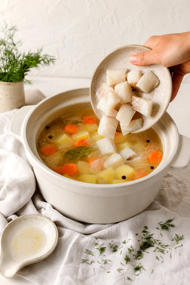 White fish pieces being added to clear broth with potatoes and carrots in a white ceramic pot