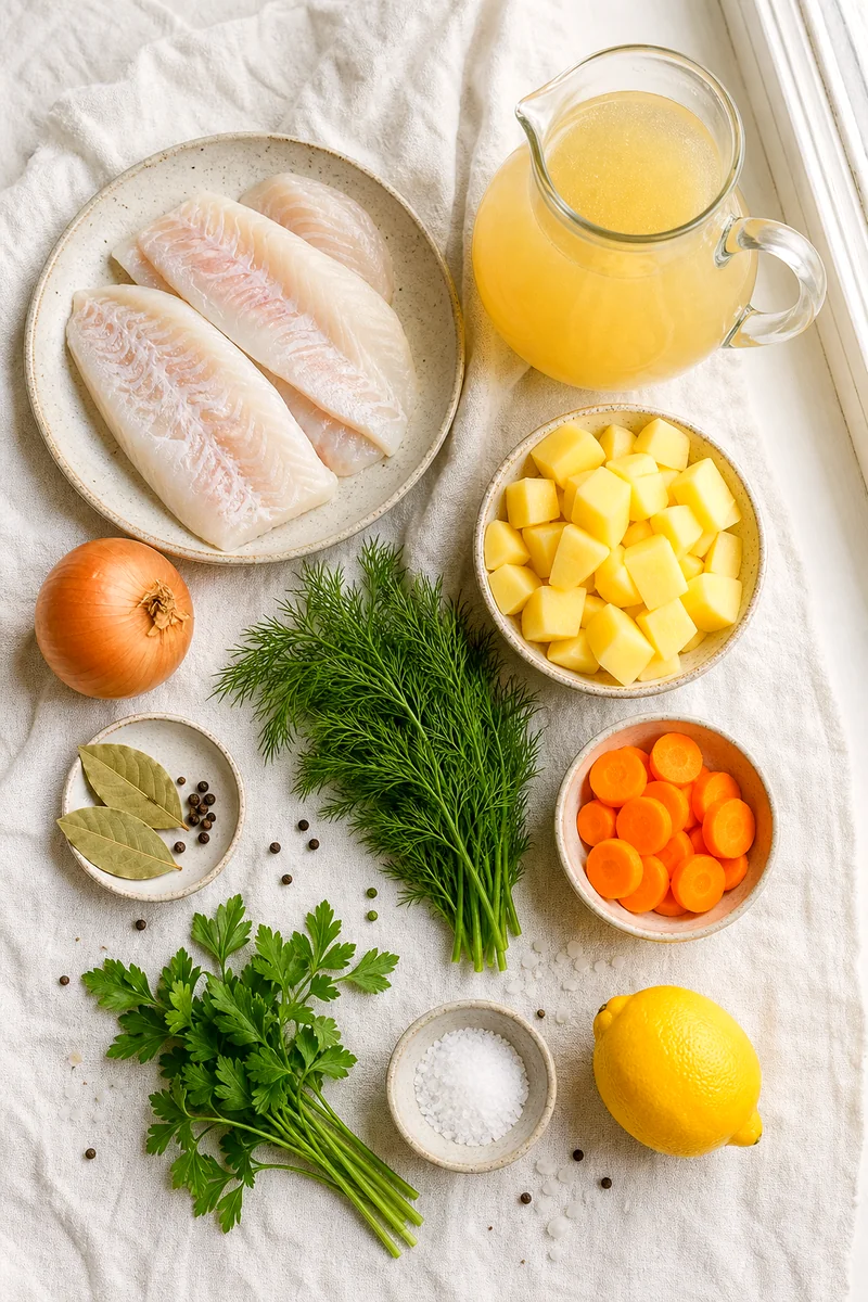 White fish, potatoes, carrots, onion, broth, herbs, lemon, bay leaf, peppercorns, and salt arranged on white linen