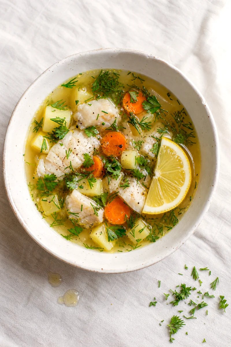 Top down bowl of clear fish soup with potatoes, carrots, fresh herbs, and lemon on white linen