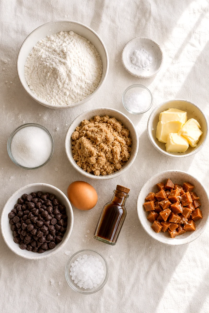 Measured cookie ingredients including flour, butter, sugars, egg, chocolate chips, caramel pieces, and sea salt