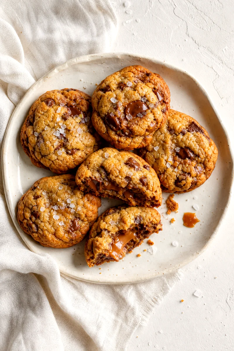 Broken salted caramel chocolate chip cookie showing gooey caramel and melted chocolate inside