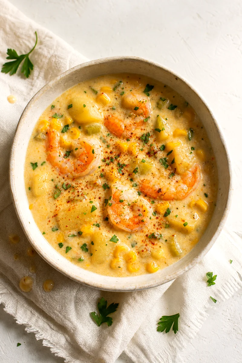 Top down bowl of creamy shrimp and corn chowder with parsley and smoked paprika