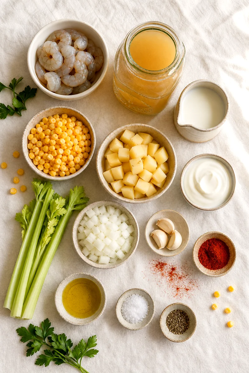 Shrimp, corn, potatoes, celery, onion, garlic, broth, milk, yogurt, paprika, and parsley on white linen