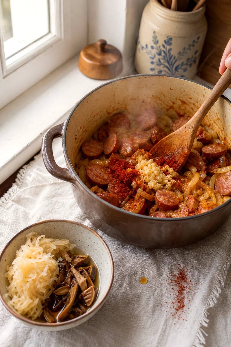 Smoked sausage and onion cooking with paprika in a pot beside sauerkraut and mushrooms
