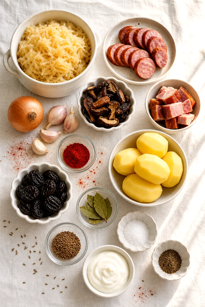 Sauerkraut, smoked sausage, pork, mushrooms, potatoes, prunes, spices, and sour cream on white linen