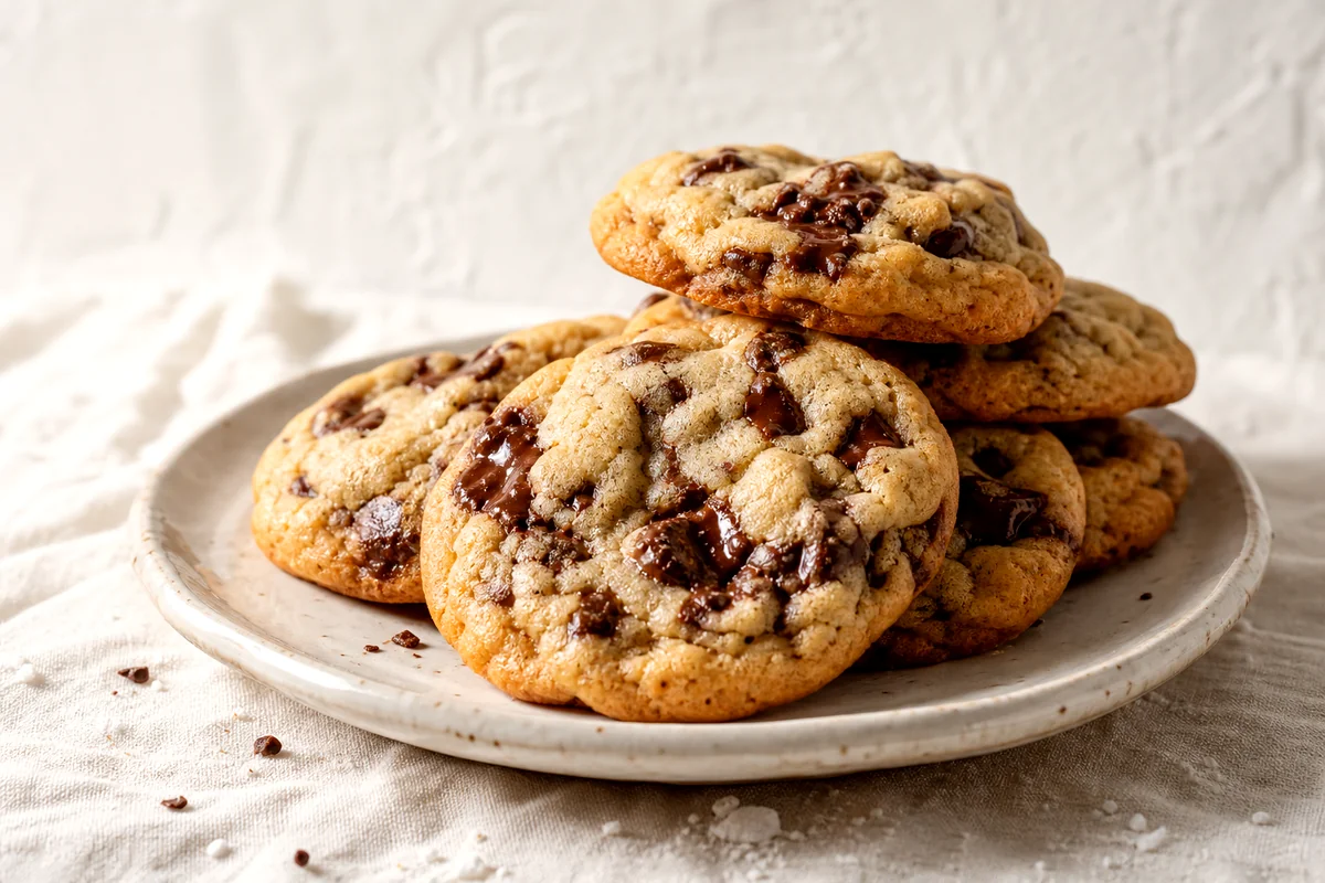 Stack of golden chocolate chip cookies with soft centers on a white ceramic plate