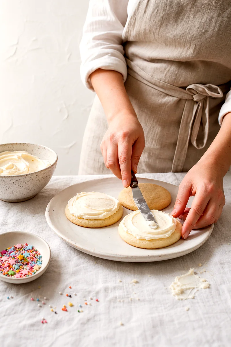 Vanilla frosting being spread over cooled sugar cookies with sprinkles nearby