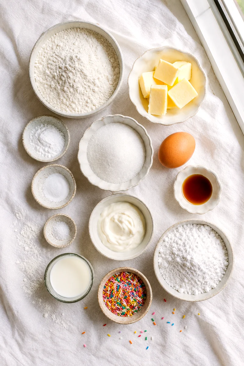 Measured baking ingredients for frosted sugar cookies on white linen