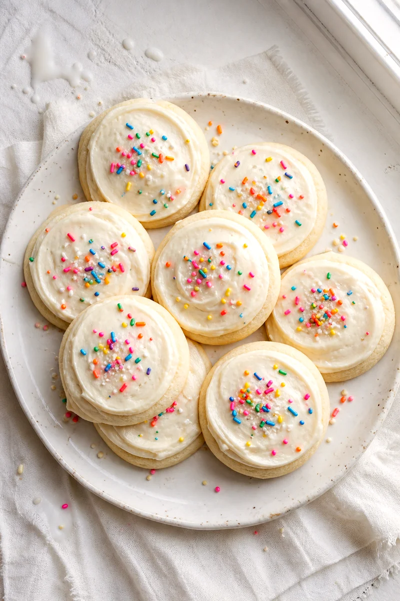 Frosted sugar cookies with sprinkles arranged closely on a white plate