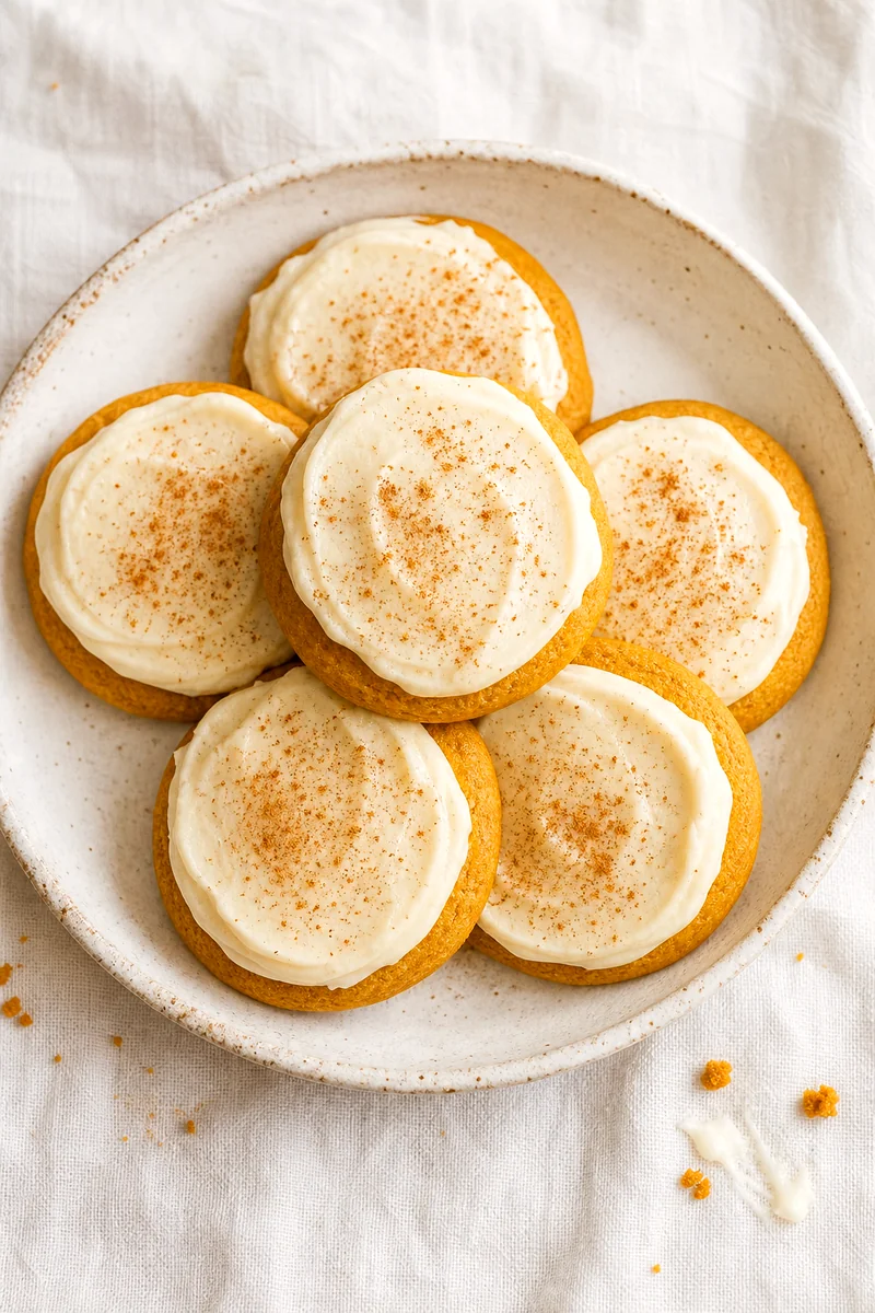 Overlapping frosted pumpkin cookies on a white ceramic plate with crumbs on linen
