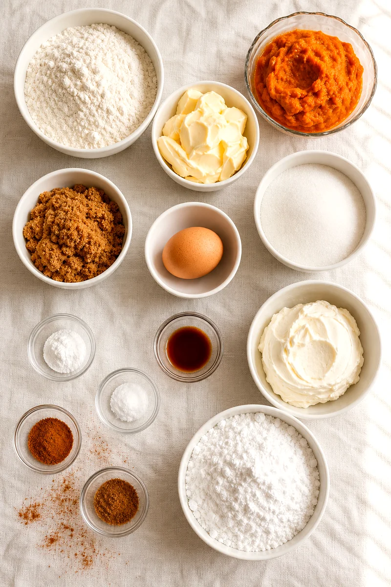 Pumpkin cookie ingredients arranged in bowls on white linen