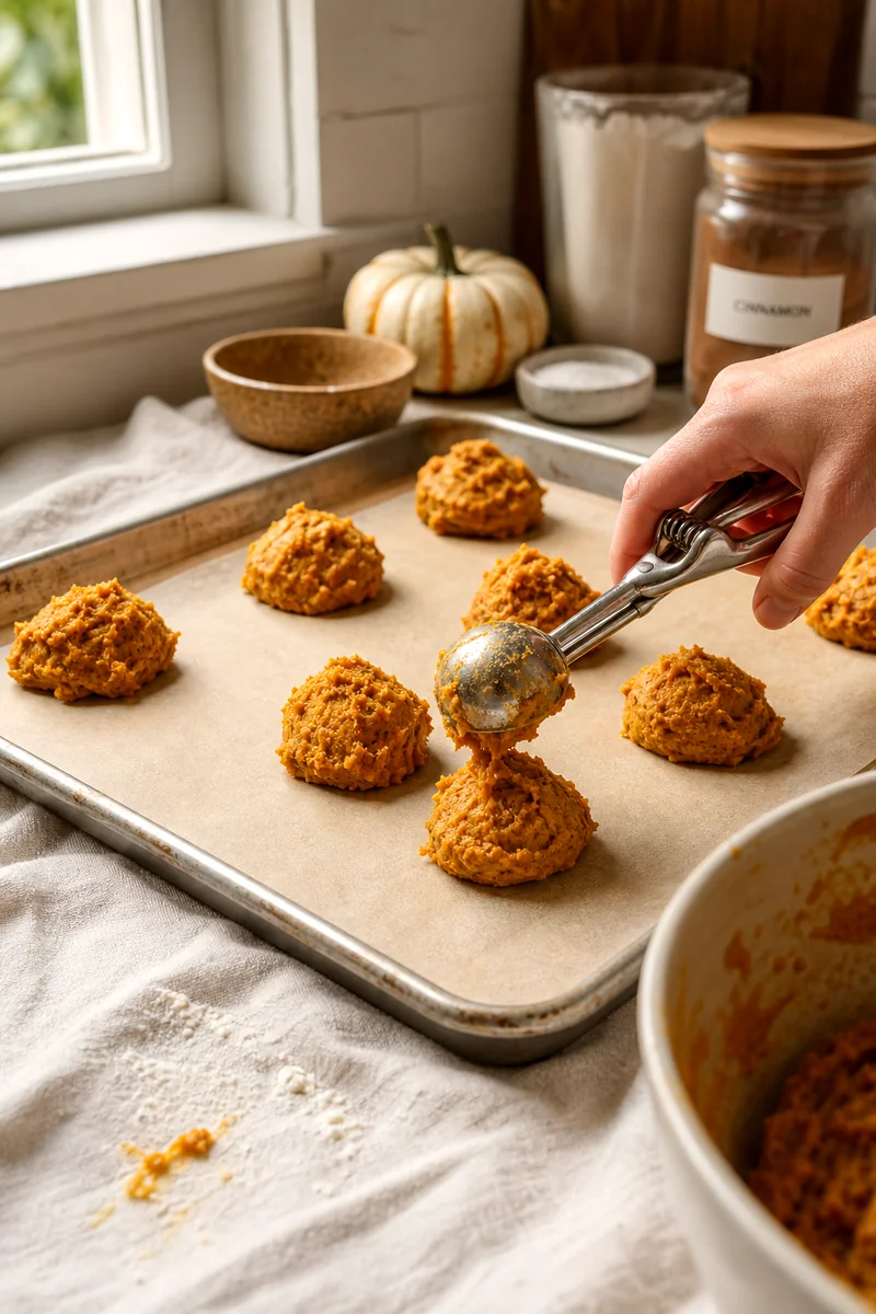 Pumpkin cookie dough being scooped onto a parchment lined baking sheet
