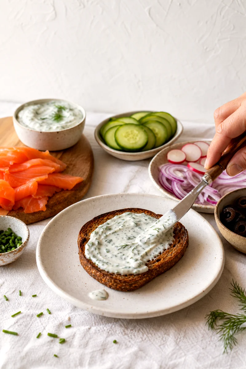 spreading-dill-yogurt-on-rye-toast