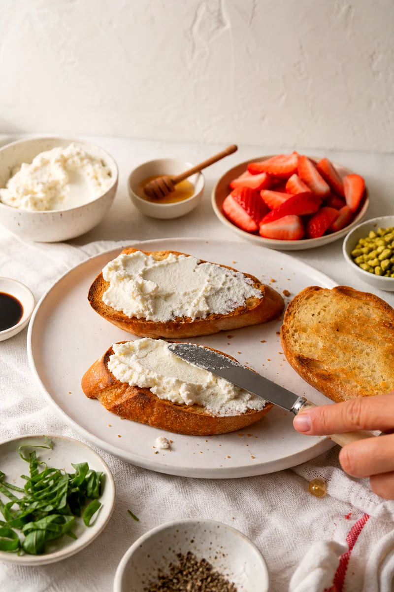 spreading-ricotta-on-breakfast-bruschetta