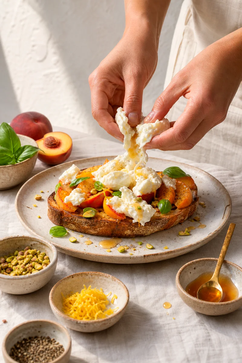 tearing-burrata-over-peach-toast-process