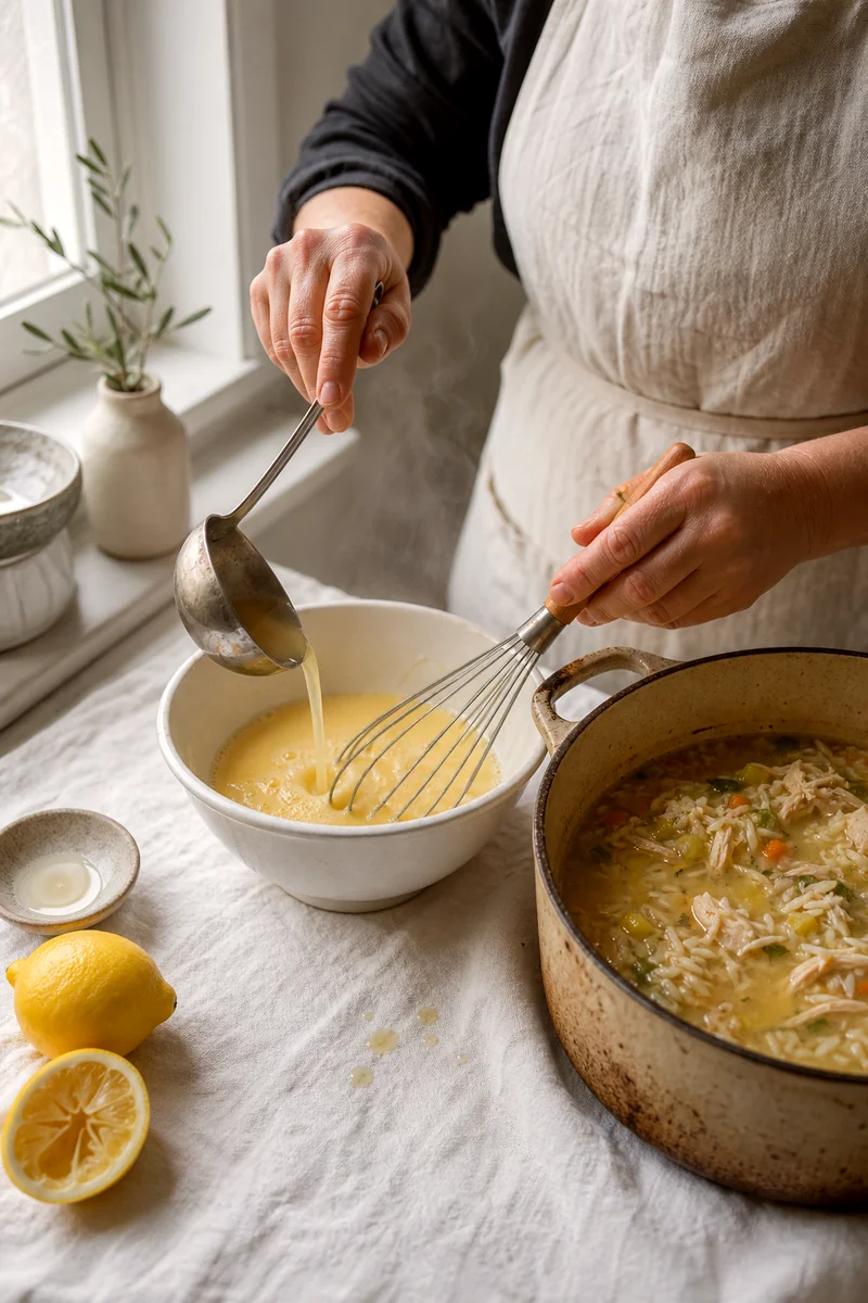 Hot broth being whisked into eggs and lemon juice beside a pot of chicken rice soup