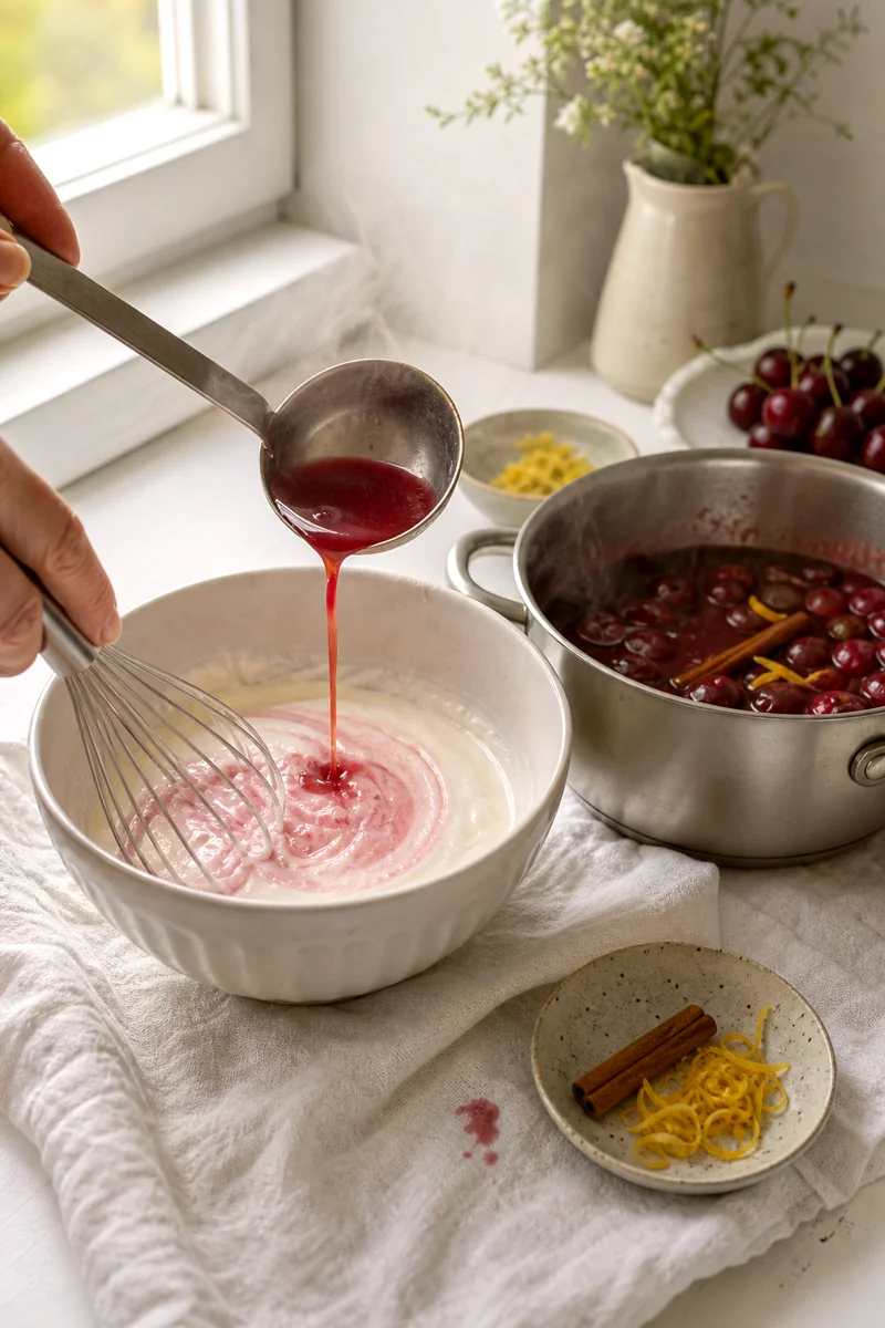 Warm cherry liquid being whisked into sour cream beside a pot of simmered sour cherries