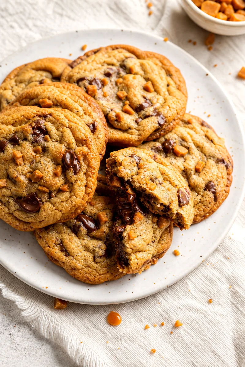 Broken toffee chocolate chip cookie showing a soft center with melted chocolate on a white plate