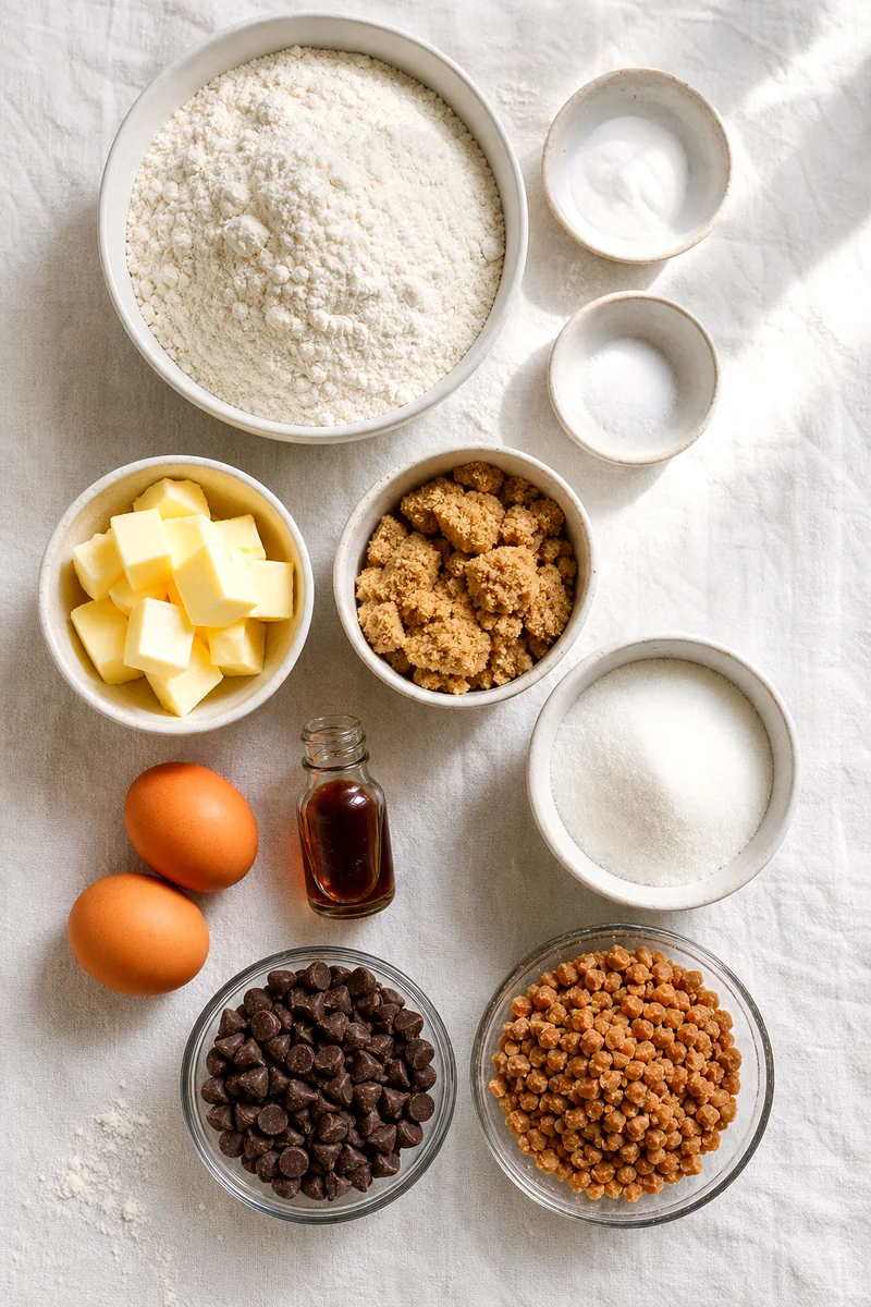 Measured flour, sugars, butter, eggs, chocolate chips, and toffee bits arranged on white linen