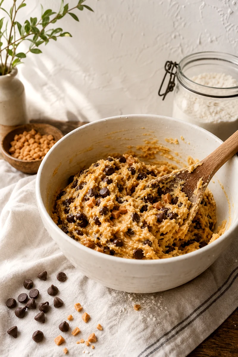 Wooden spoon folding chocolate chips and toffee bits into thick cookie dough in a white bowl